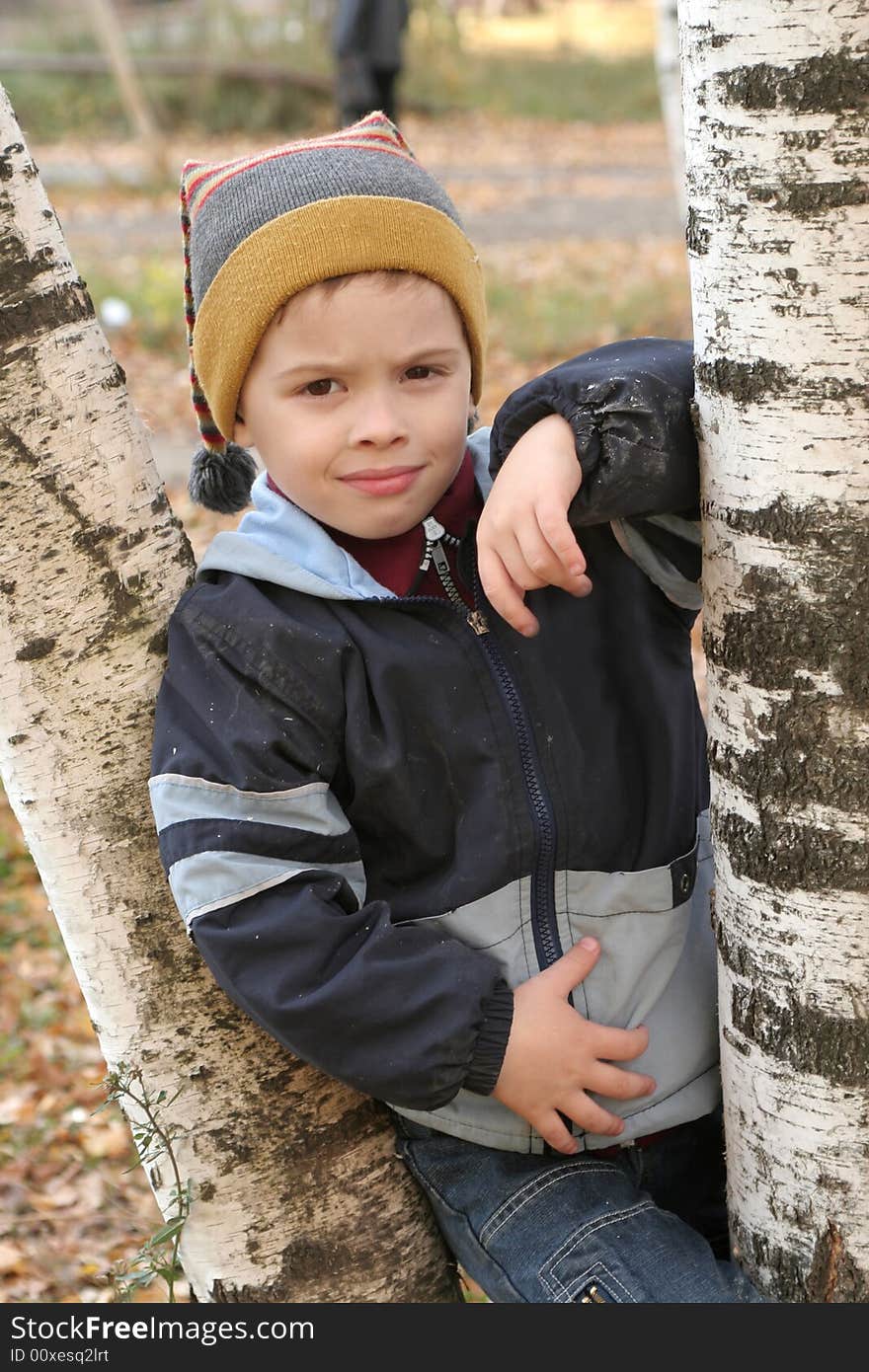 The nice boy among birches in the autumn afternoon