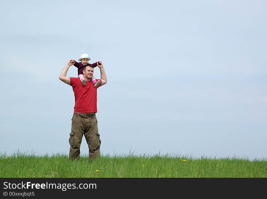 Father and baby girl on sky background. Father and baby girl on sky background