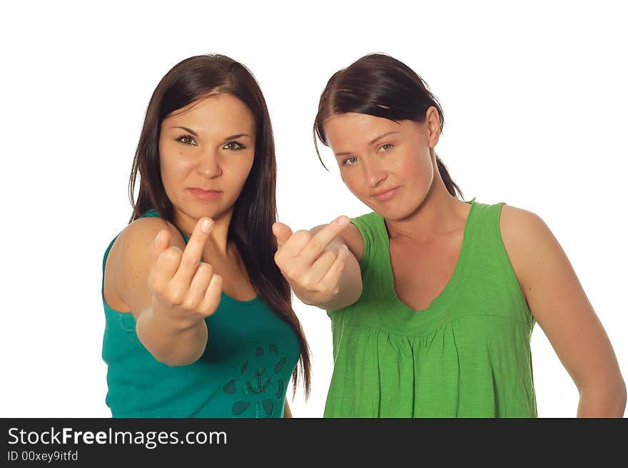 Two attractive friends on white background