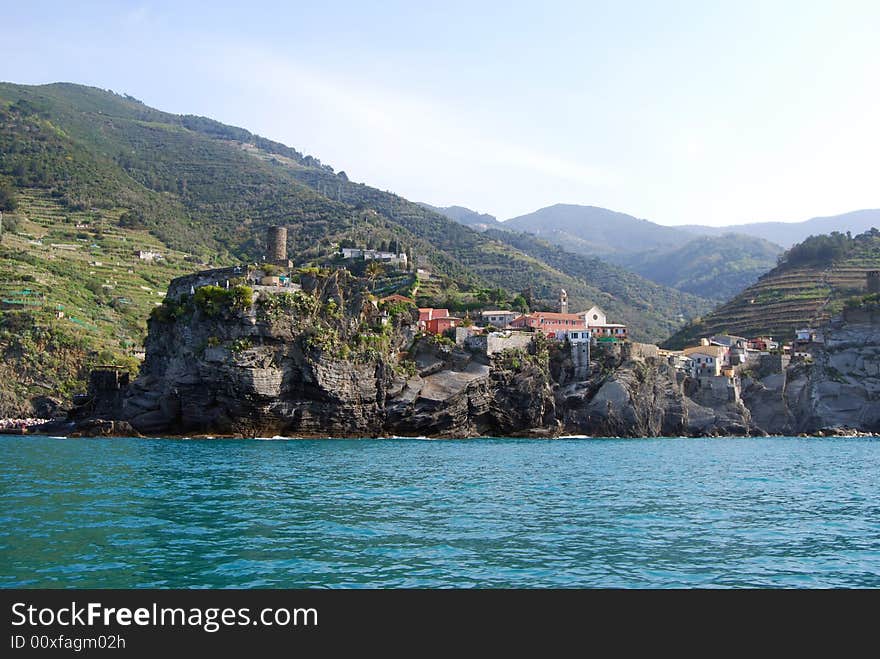 Vernazza, Cinque Terre in Liguria, Italy seen from the sea. Cinque Terre is humanity's world patrimony. Vernazza, Cinque Terre in Liguria, Italy seen from the sea. Cinque Terre is humanity's world patrimony.