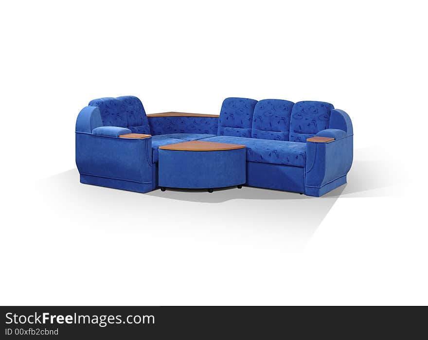 Angular sofa of dark blue color with the padded stool-stand on a white background