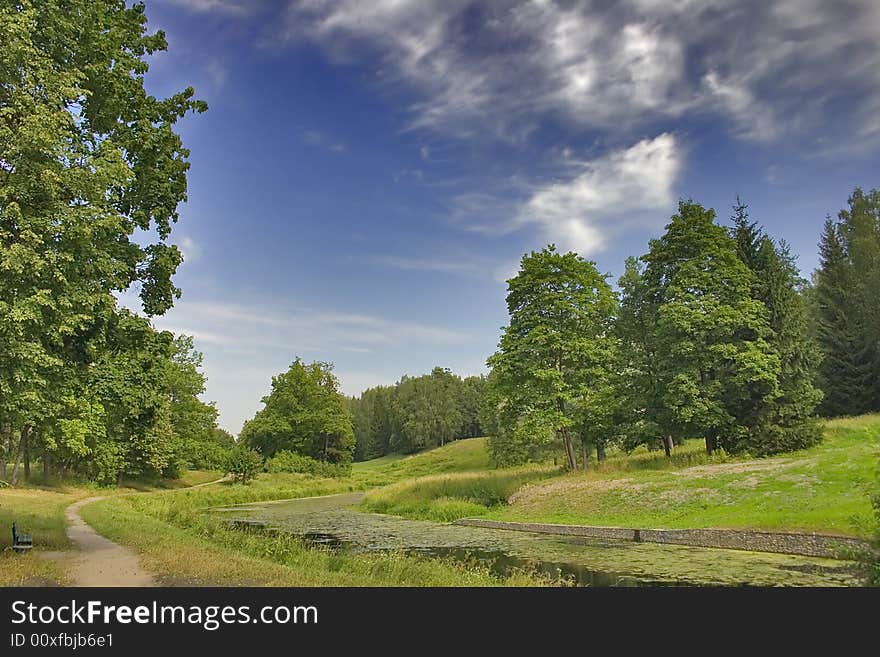 Landscape with blue sky, clouds, forest and lake. Landscape with blue sky, clouds, forest and lake