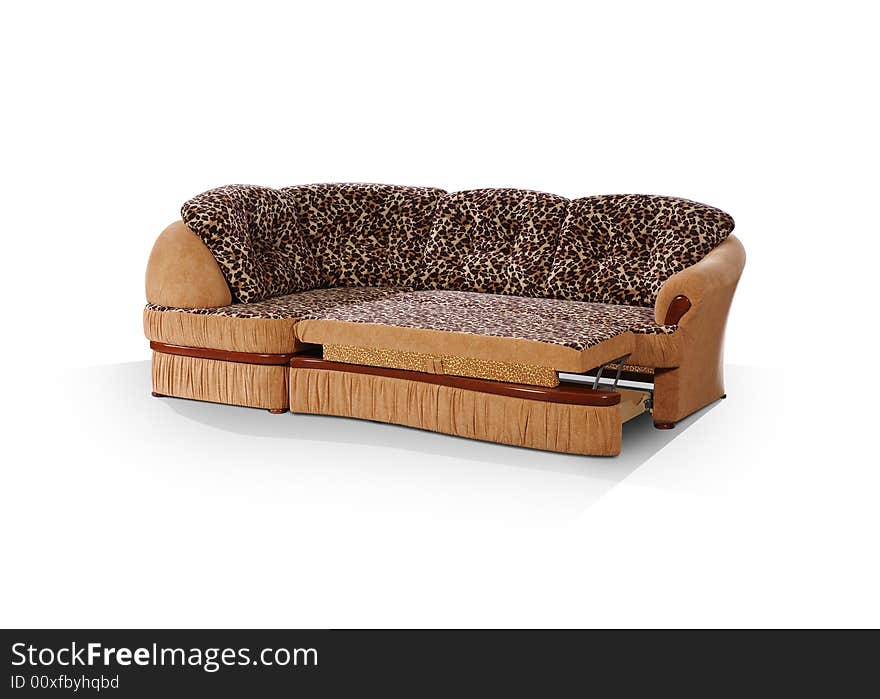 Angular sofa, decomposed in a bed on a white background