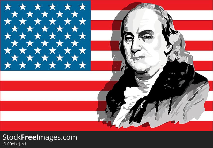 American President Benjamin Franklin portrait against USA flag