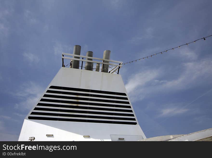 Large boat funnel with sky in background. Large boat funnel with sky in background