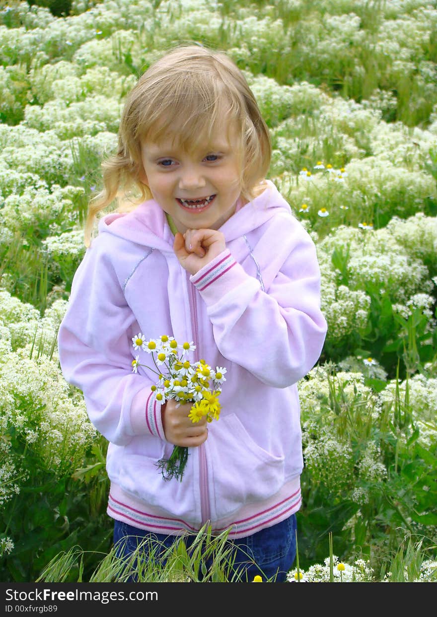 Cute little girl with the bouquet of camomiles on a glade. Cute little girl with the bouquet of camomiles on a glade.