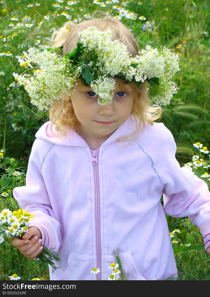 Tender girl with a chaplet on the head and with the bouquet of chamomiles. Tender girl with a chaplet on the head and with the bouquet of chamomiles.