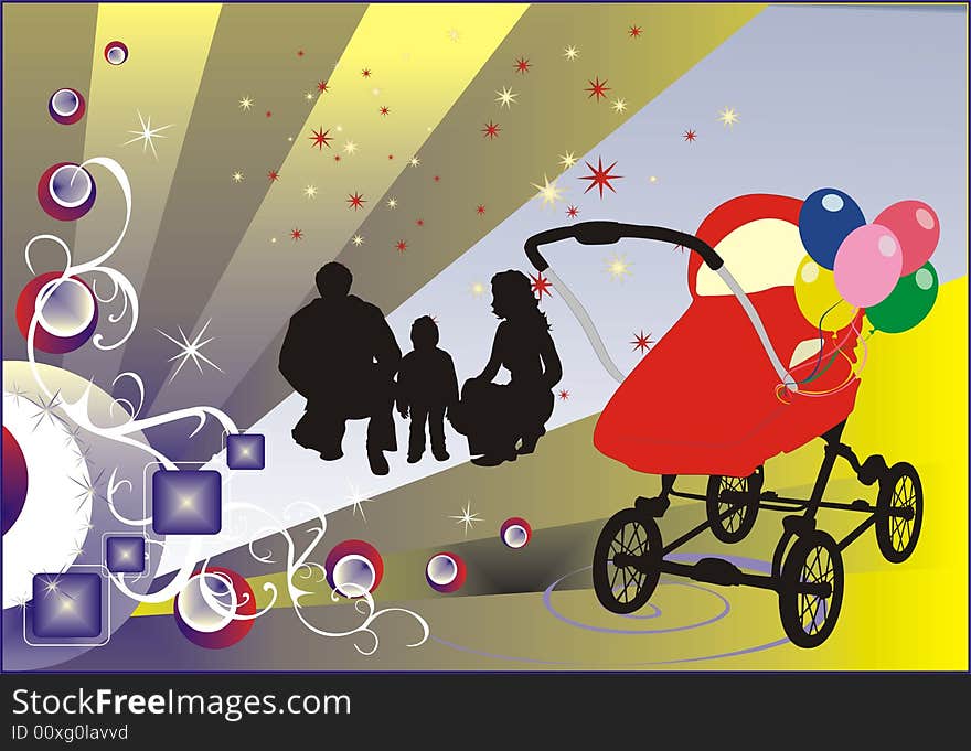 Happy family and baby-carriage. Vector illustration