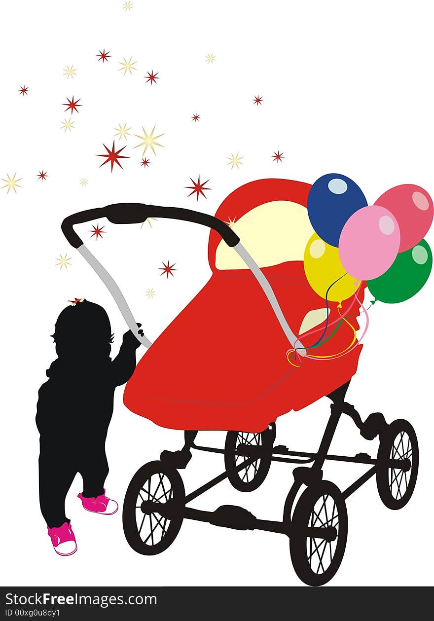 Child and baby-carriage. Silhouette