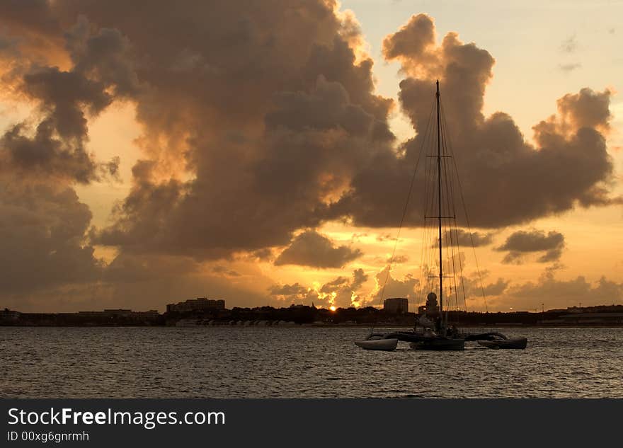 Beautiful orange sunset at the beach in St. Martin