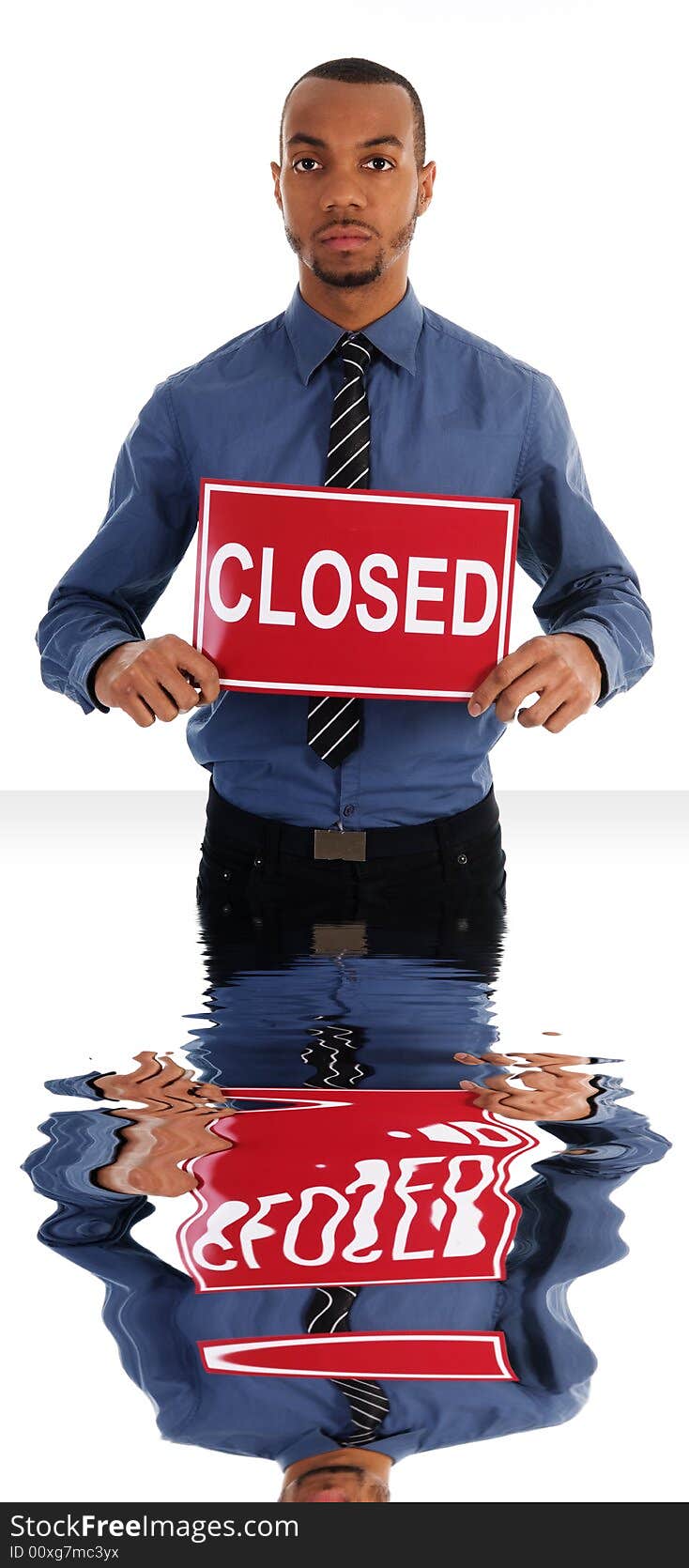 Business man holding a red sign on white. Business man holding a red sign on white