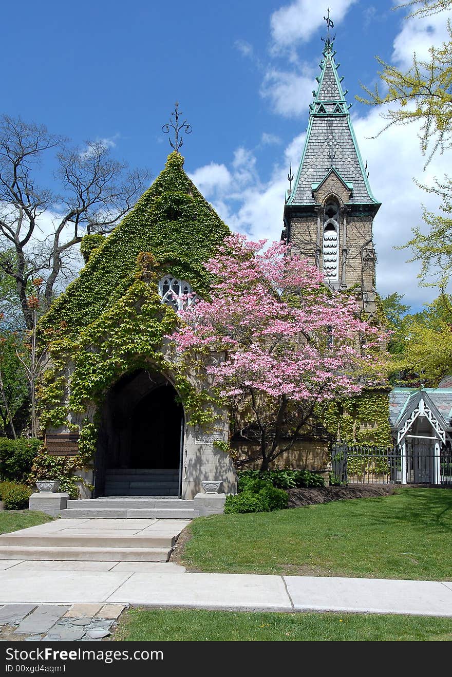 A Victorian chapel at a cemetery, looking very pretty on a sunny spring day. A Victorian chapel at a cemetery, looking very pretty on a sunny spring day.