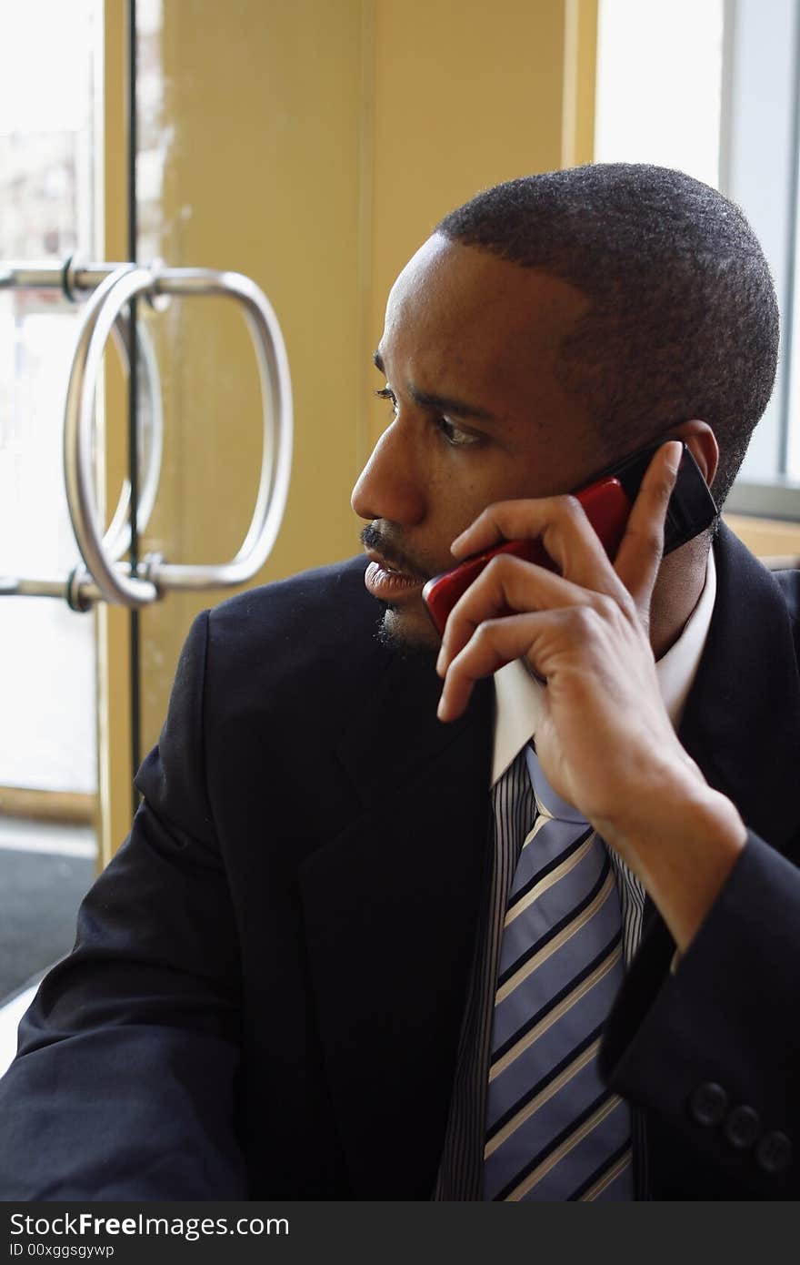 Vertical shot of a businessman, with his head turned away from the camera, in deep thought talking on a cellphone. Vertical shot of a businessman, with his head turned away from the camera, in deep thought talking on a cellphone.