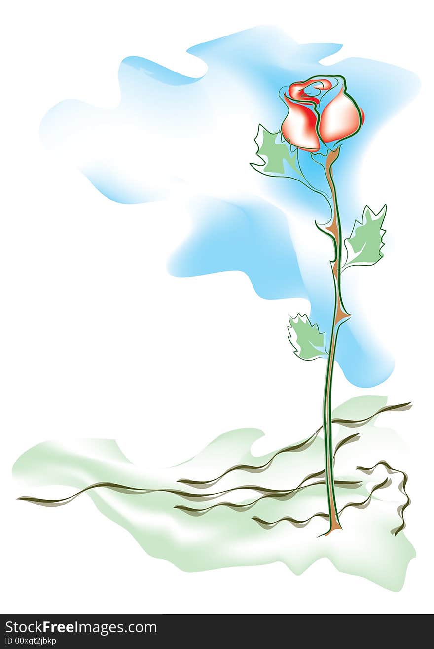 Coloured drawing of red rose growing up from scratched green ground to the blue sky. Coloured drawing of red rose growing up from scratched green ground to the blue sky