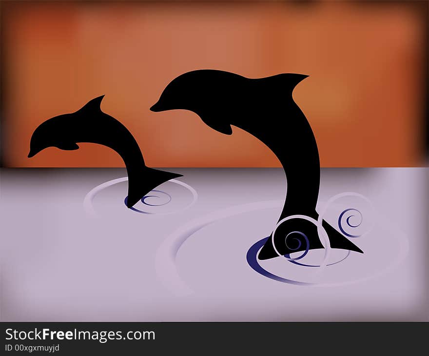 Two dolphins in night. Vector illustration. Two dolphins in night. Vector illustration