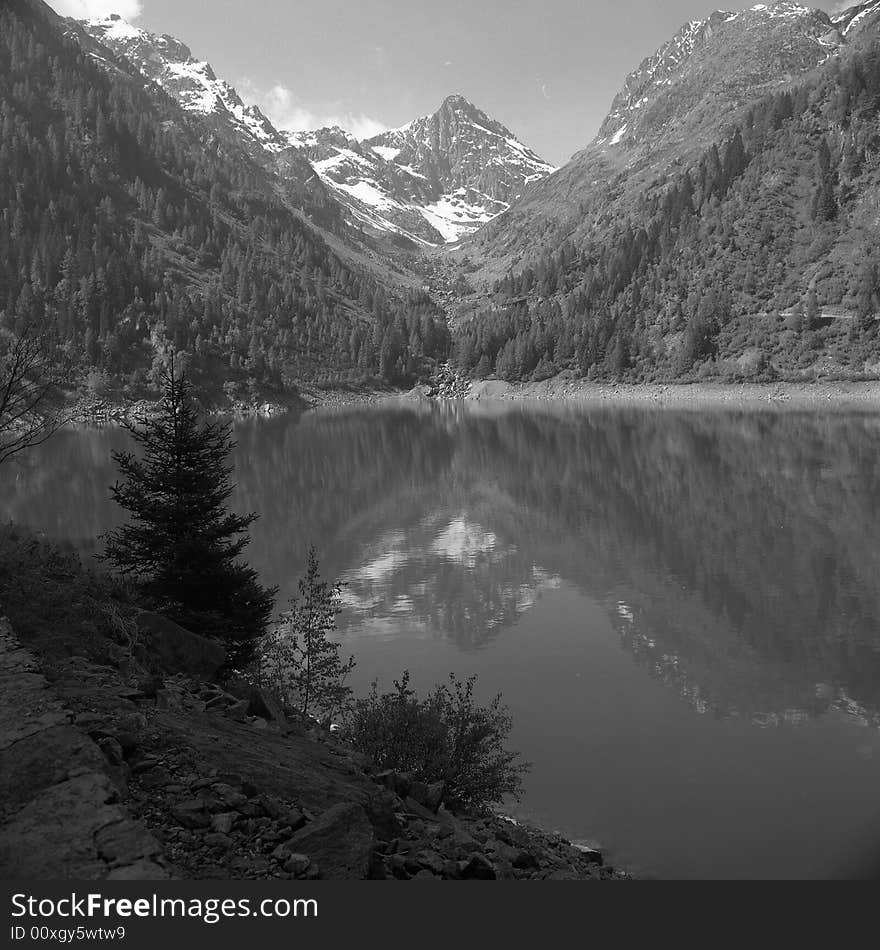 A mountain reflected on water