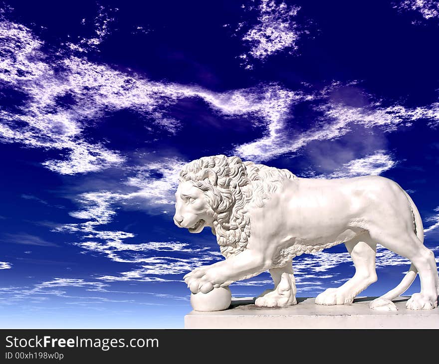 Sculpture of a white lion on a background of the blue sky