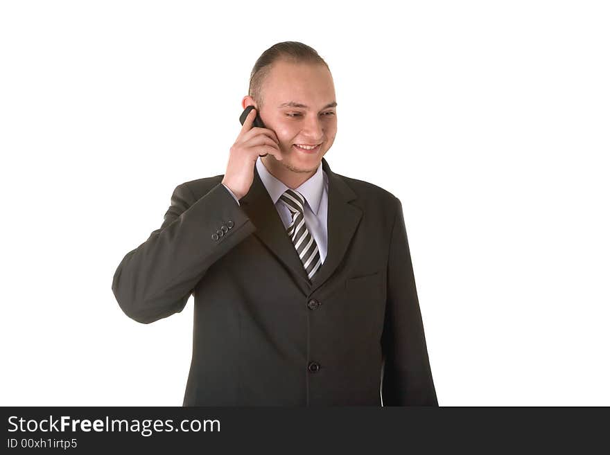 Smiling businessman calling on phone isolated on white background