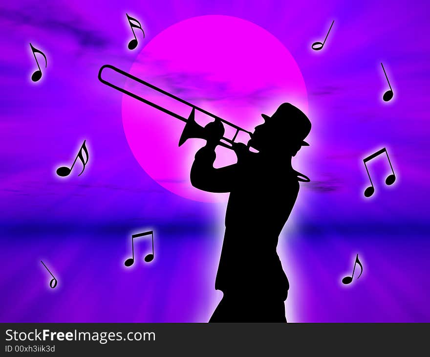 A trumpet player in the sunset against the sun