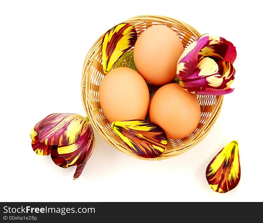 Easter eggs in basket with tulips