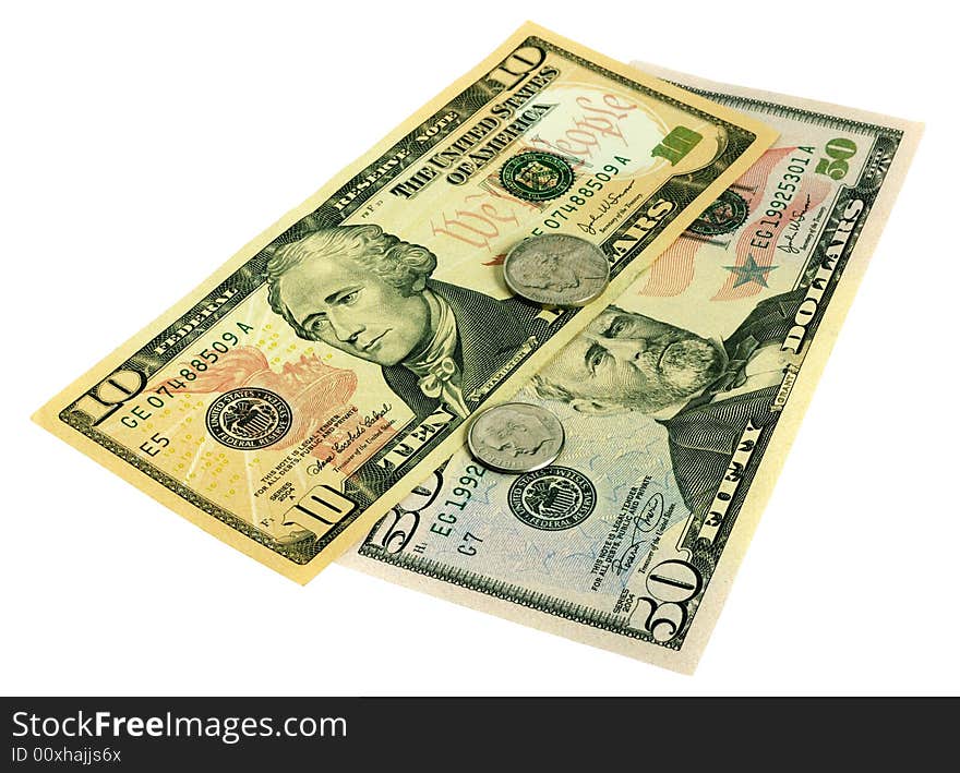 Banknotes of United States of America - dollars. There are included 50, 10 dollar bills and two coins. Banknotes of United States of America - dollars. There are included 50, 10 dollar bills and two coins