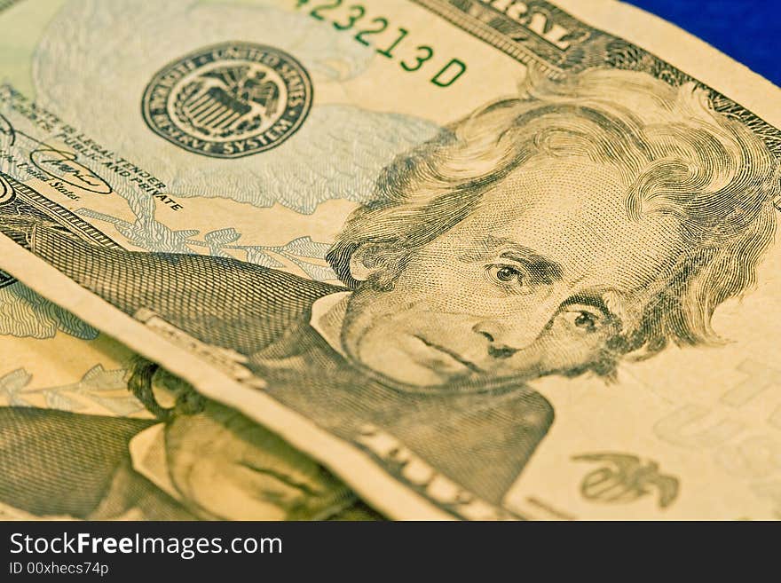 Close up of two american twenty dollar bills showing Andrew Jackson. Close up of two american twenty dollar bills showing Andrew Jackson