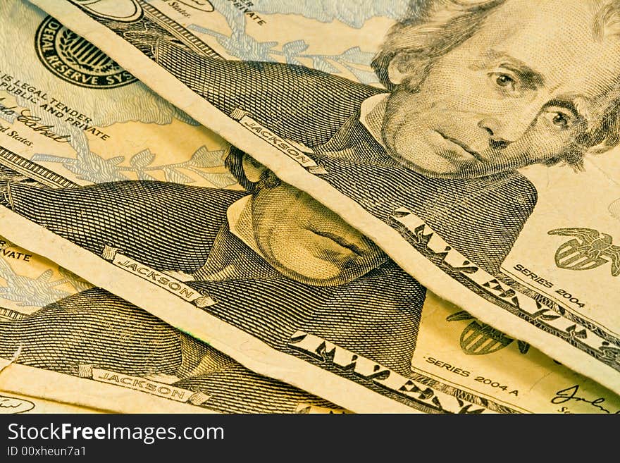 Close up of three american twenty dollar bills showing Andrew Jackson. Close up of three american twenty dollar bills showing Andrew Jackson