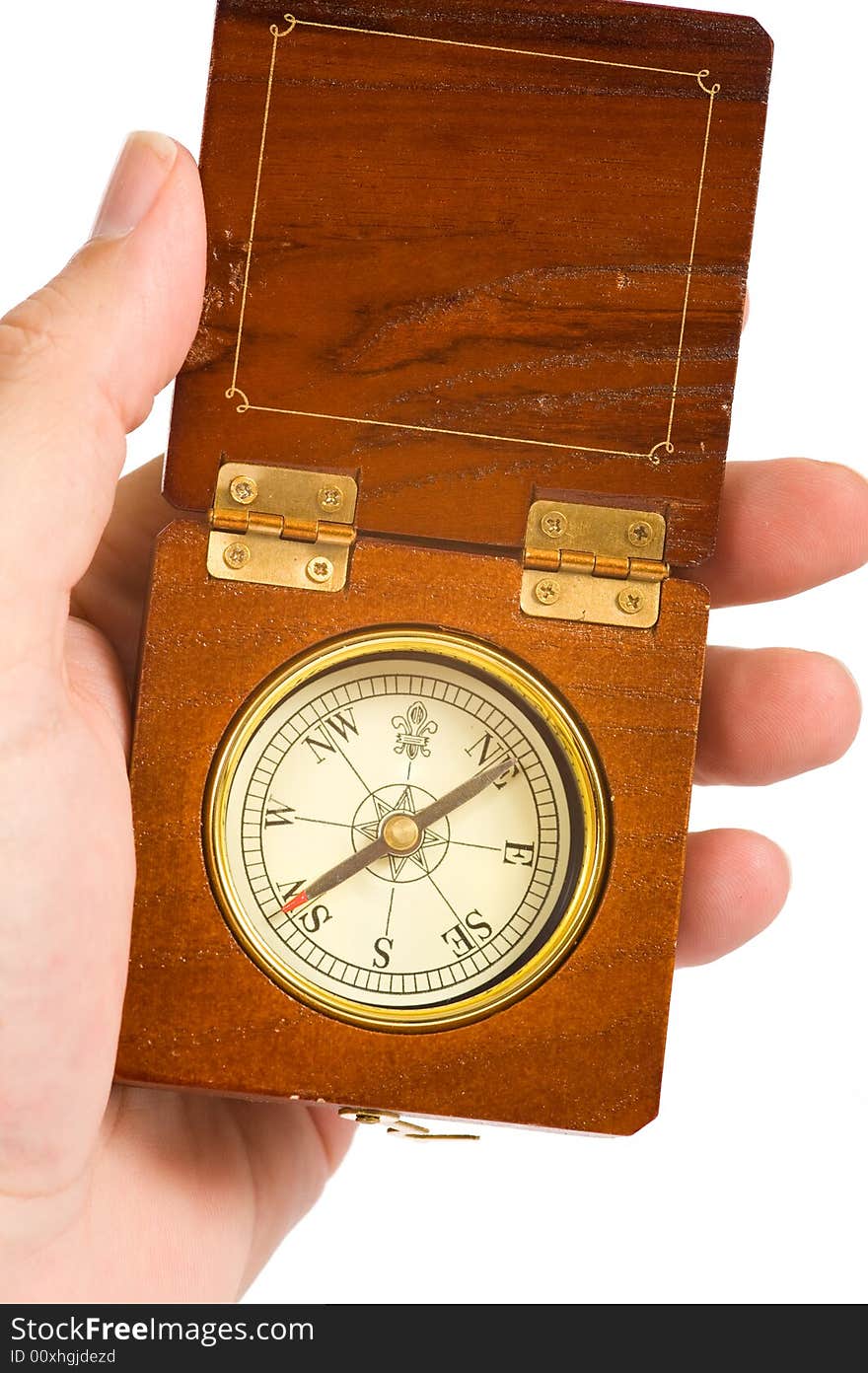 A hand holding a wooden compass with copy space. A hand holding a wooden compass with copy space