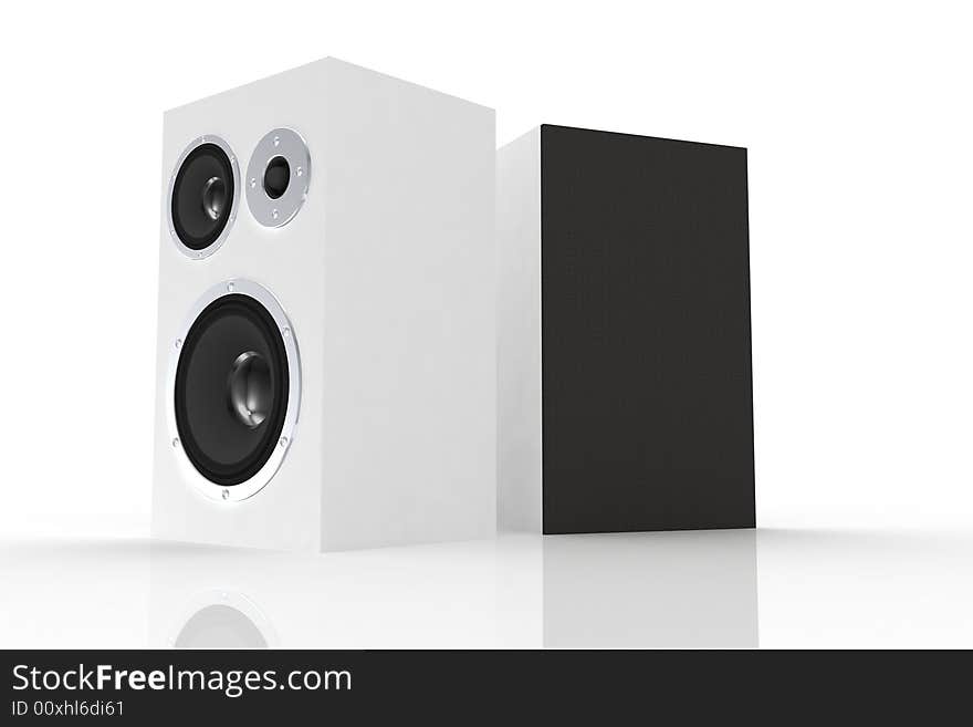 Two white loudspeakers