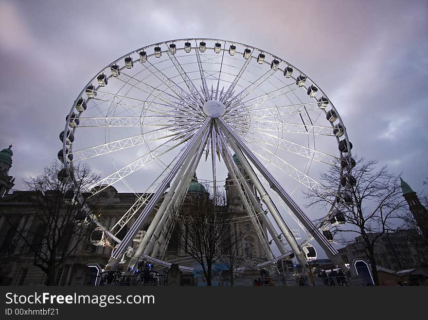 The big eye wheel in belfast city under a moody sky. The big eye wheel in belfast city under a moody sky