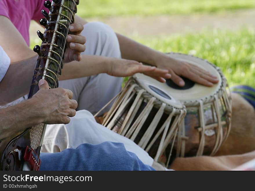 Detail of a drummer performing outdoors. Detail of a drummer performing outdoors