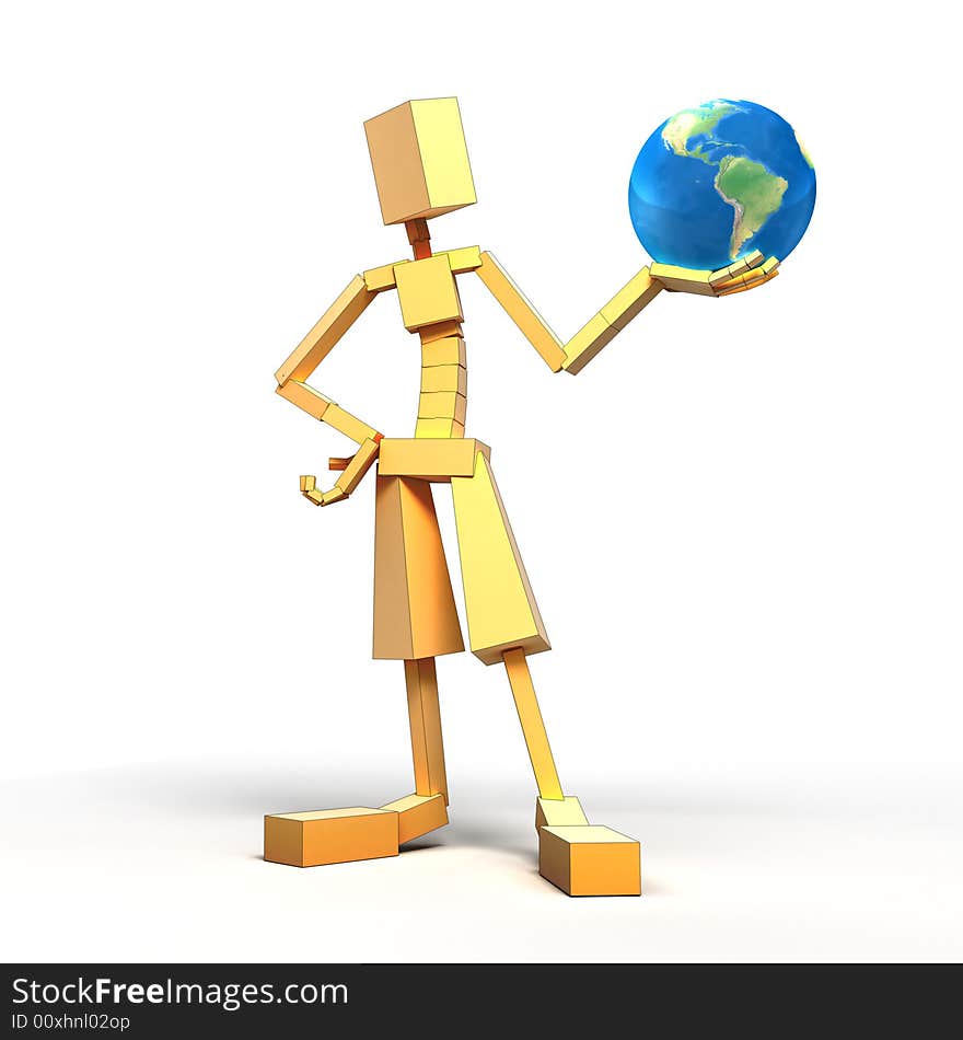 3d image of man and Globe. White background