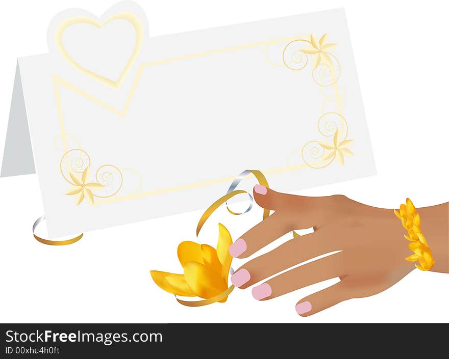 Hand is going to to take yellow flower. Bracelet from flower. Vector. Hand is going to to take yellow flower. Bracelet from flower. Vector