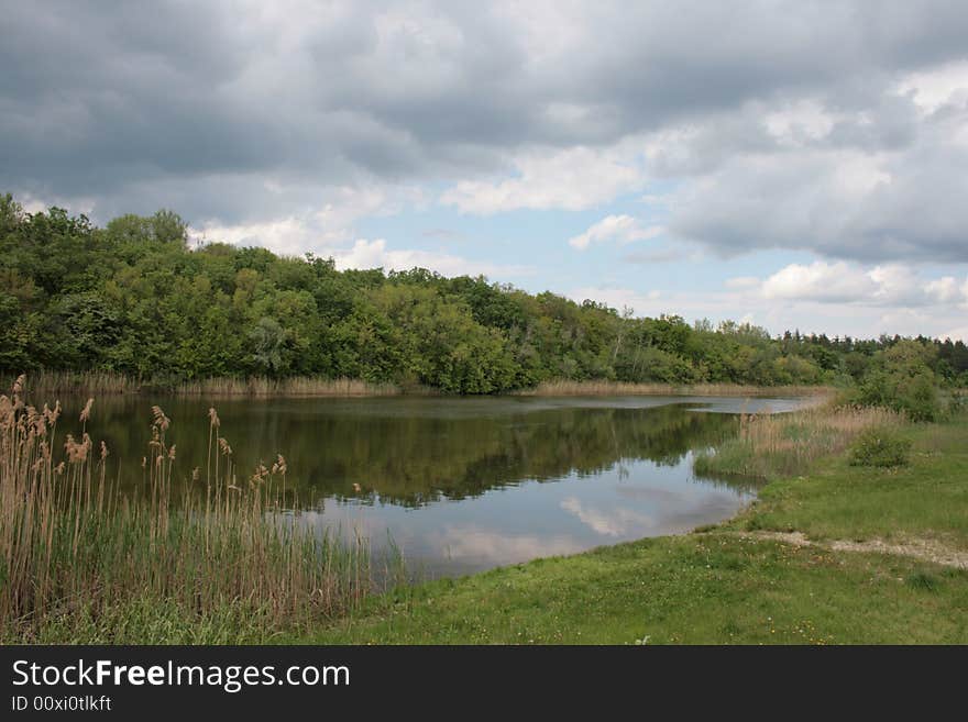 Cloudy sky above water with reflection