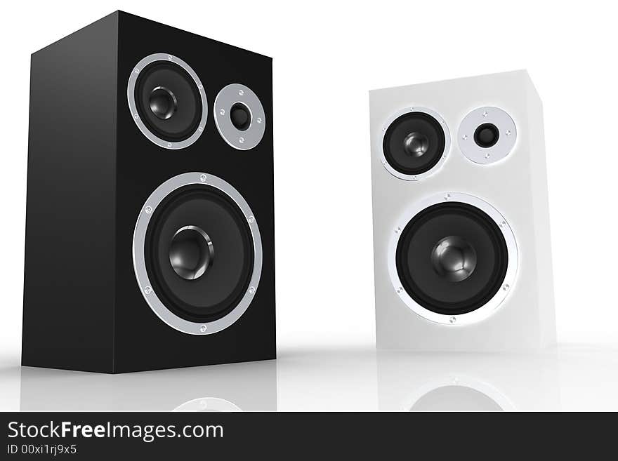 Black and white loudspeakers on white backround