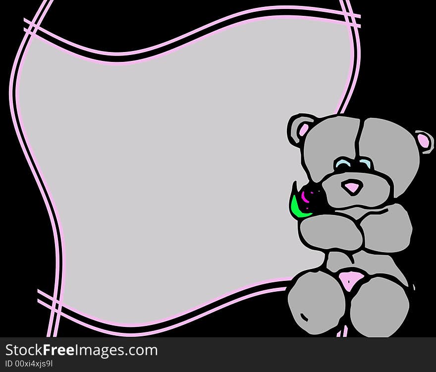 Gray teddy bear holding rose, pink frame, black background. Gray teddy bear holding rose, pink frame, black background