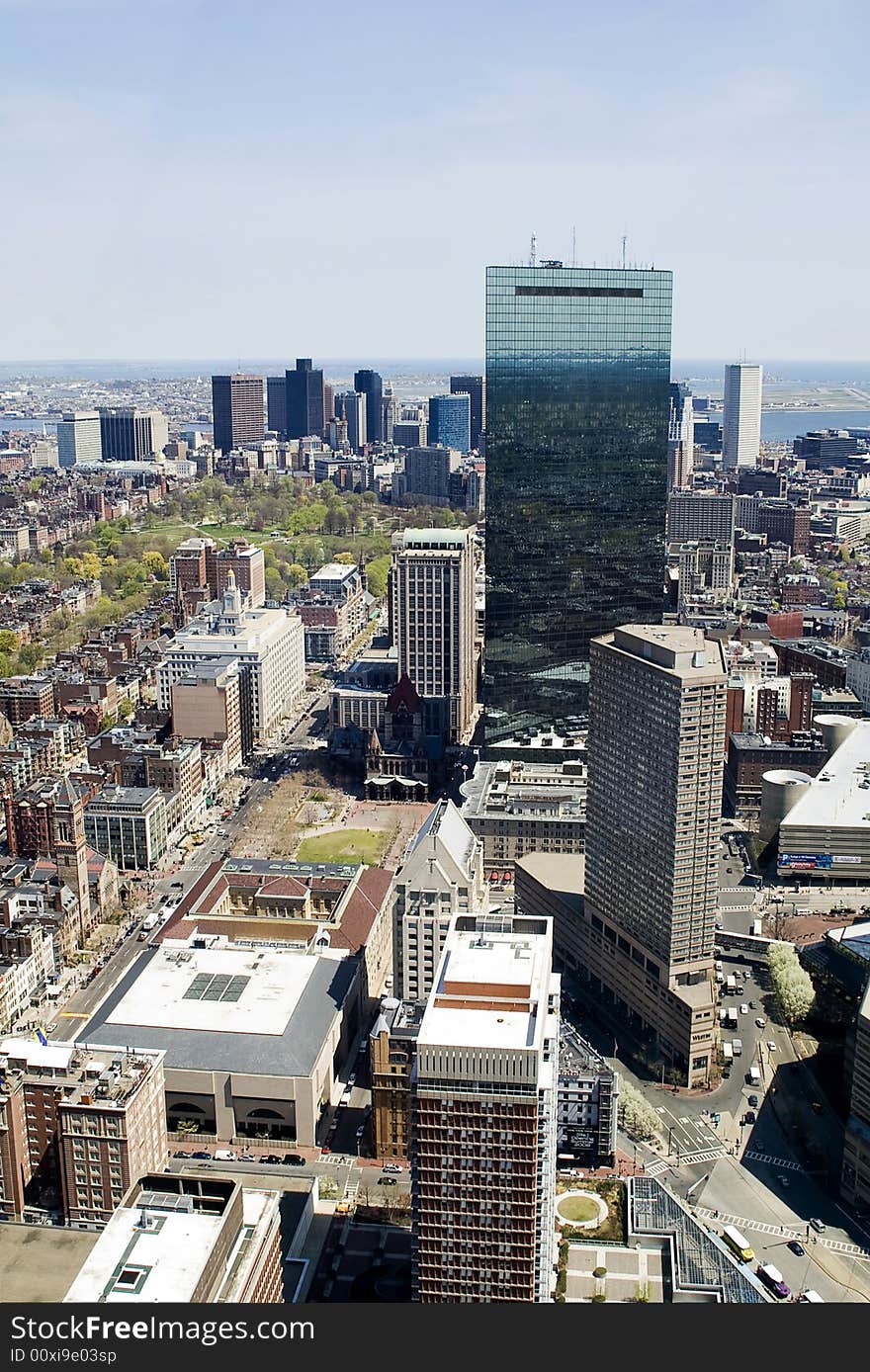 Boston skyline picture at midday with blue sky taken from the Prudential tower. Boston skyline picture at midday with blue sky taken from the Prudential tower