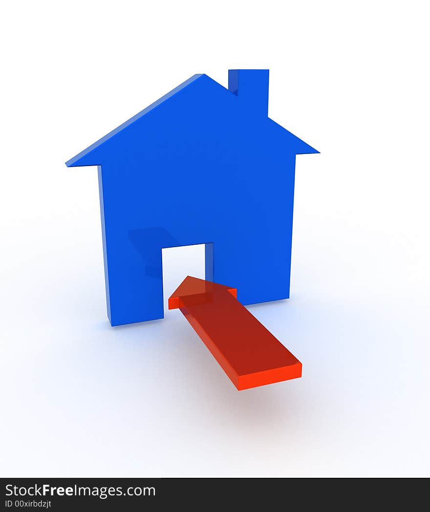 Three-dimensional model - a silhouette of a house and red arrow directed on an entrance. Three-dimensional model - a silhouette of a house and red arrow directed on an entrance.