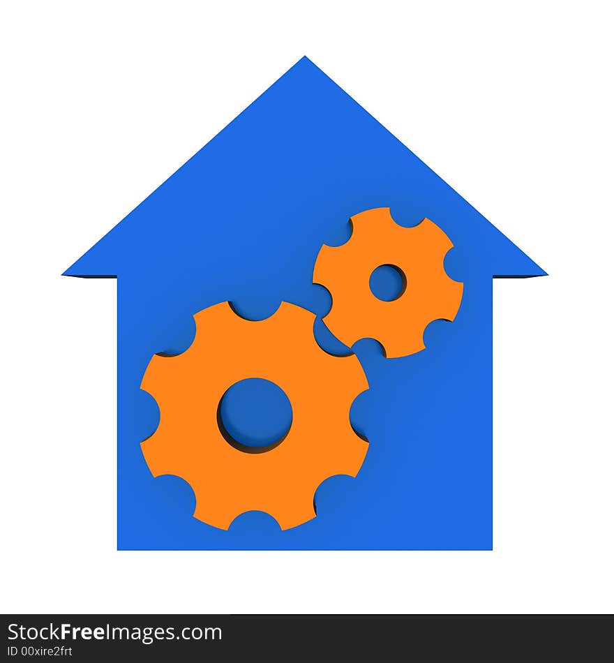 Three-dimensional model - a silhouette of a house and two gears. Three-dimensional model - a silhouette of a house and two gears.