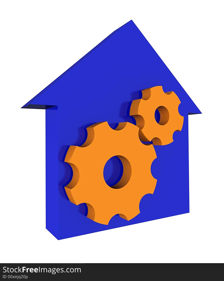 Three-dimensional model - a silhouette of a house and two gears. Three-dimensional model - a silhouette of a house and two gears.