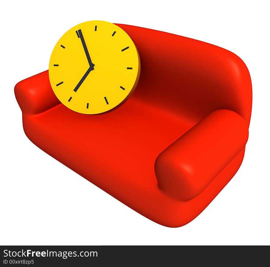 Three-dimensional model of a sofa and yellow clock. Three-dimensional model of a sofa and yellow clock.