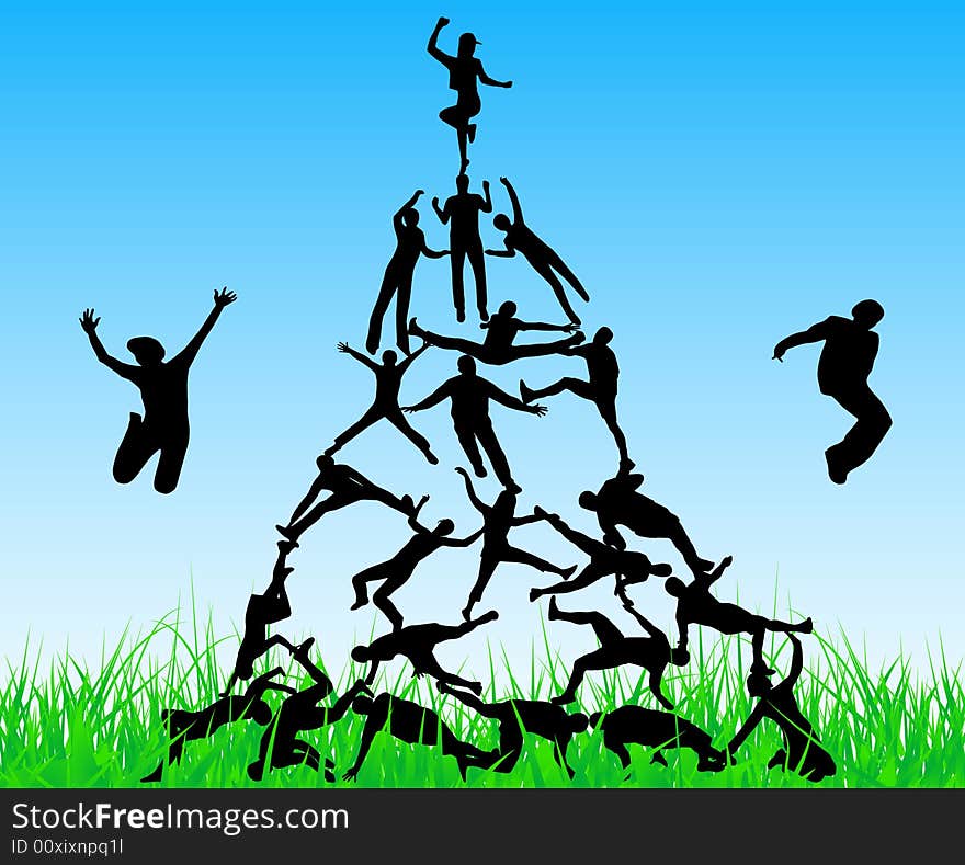 Illustration of people jump in grass