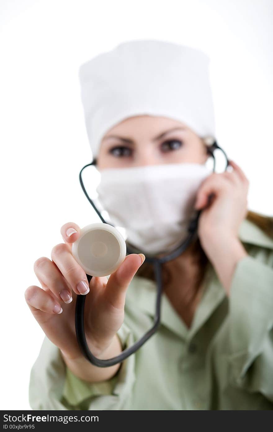 A portrait of a doctor in mask with stethoscope