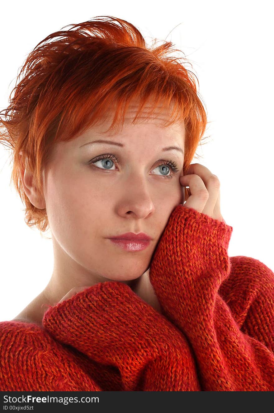 Sad red haired woman isolated on white background