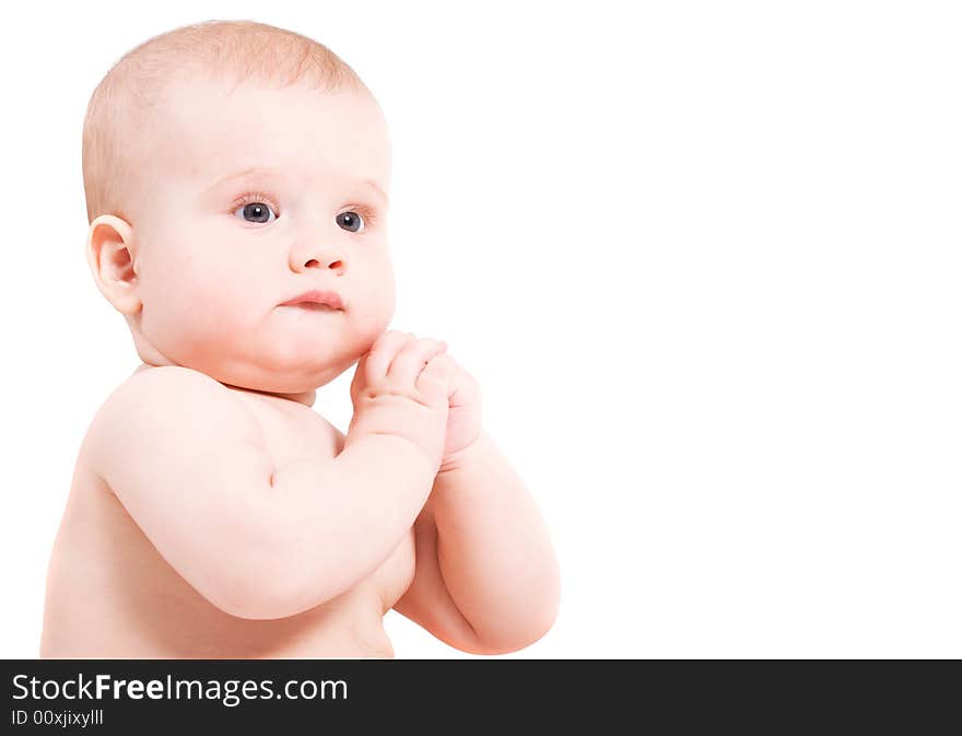 Cute six month baby on white background