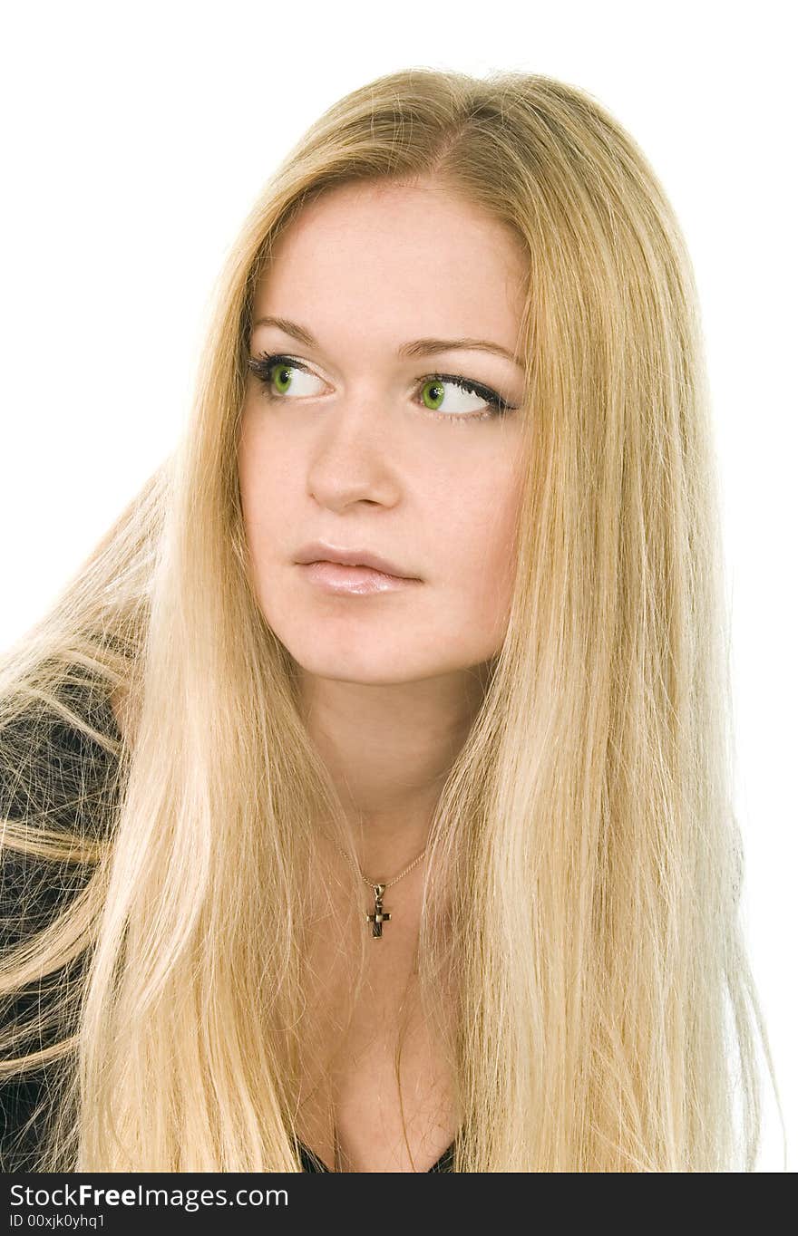 Portrait of pretty green-eyed blonde in black on white background