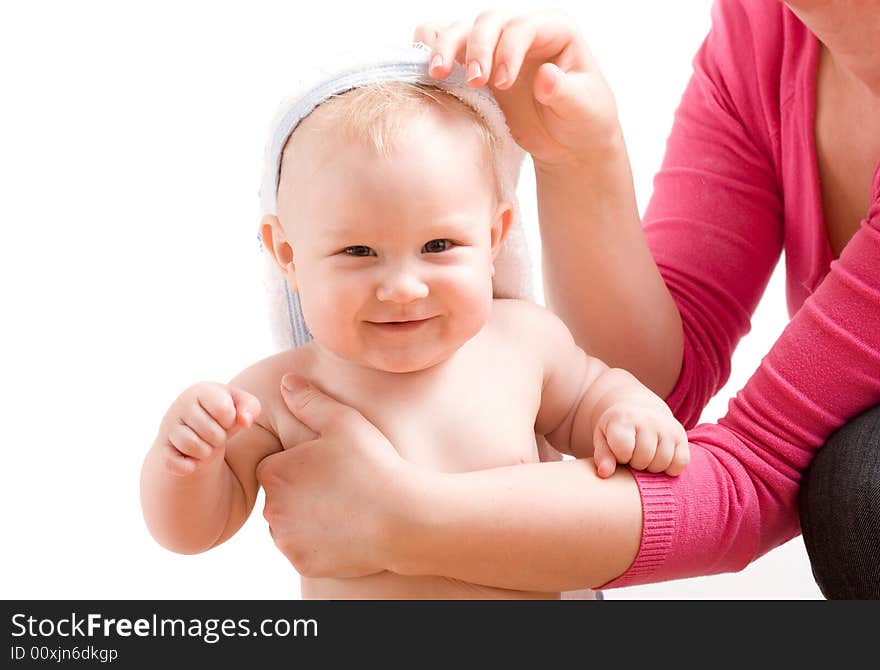 Cute six month baby on white background