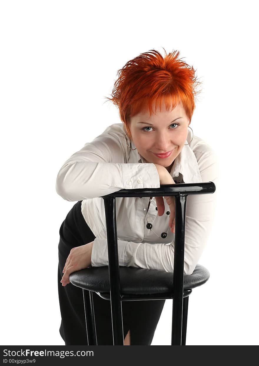 Business woman and chair isolated on white background