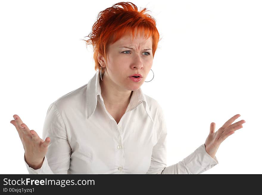 Anxious business woman isolated on white background