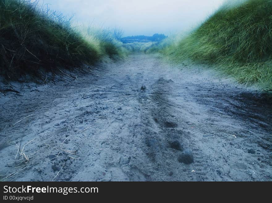 Road, grass, green, sand, landscape, spring, day, fog, stones, trees